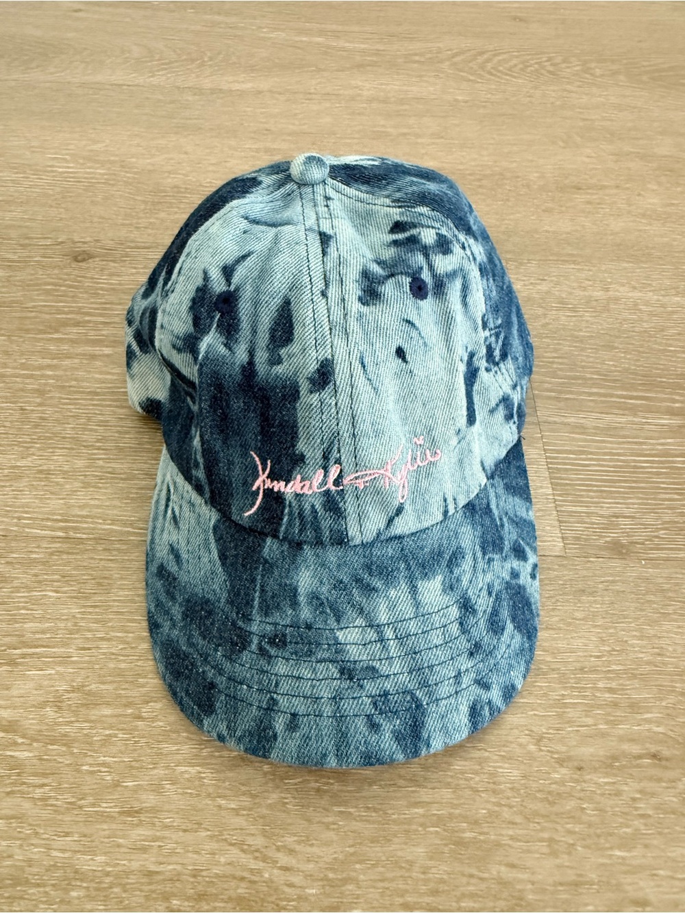 Kendall & Kylie Tie-Dye Denim Cap in Blue with Pink Script